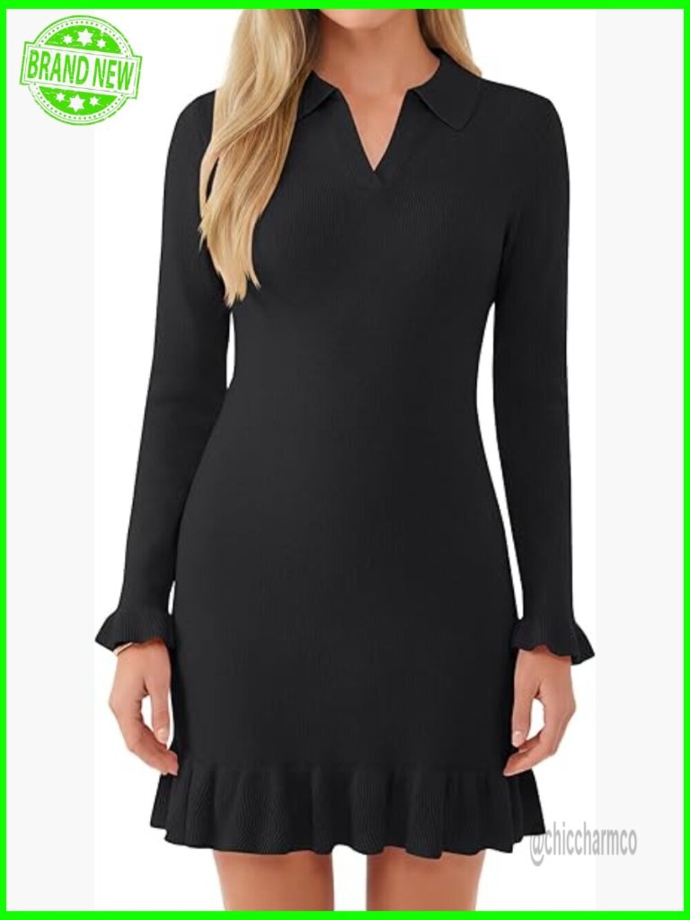 Ribbed Knit Collared Long Sleeve Ruffle Mini Sweater Dress